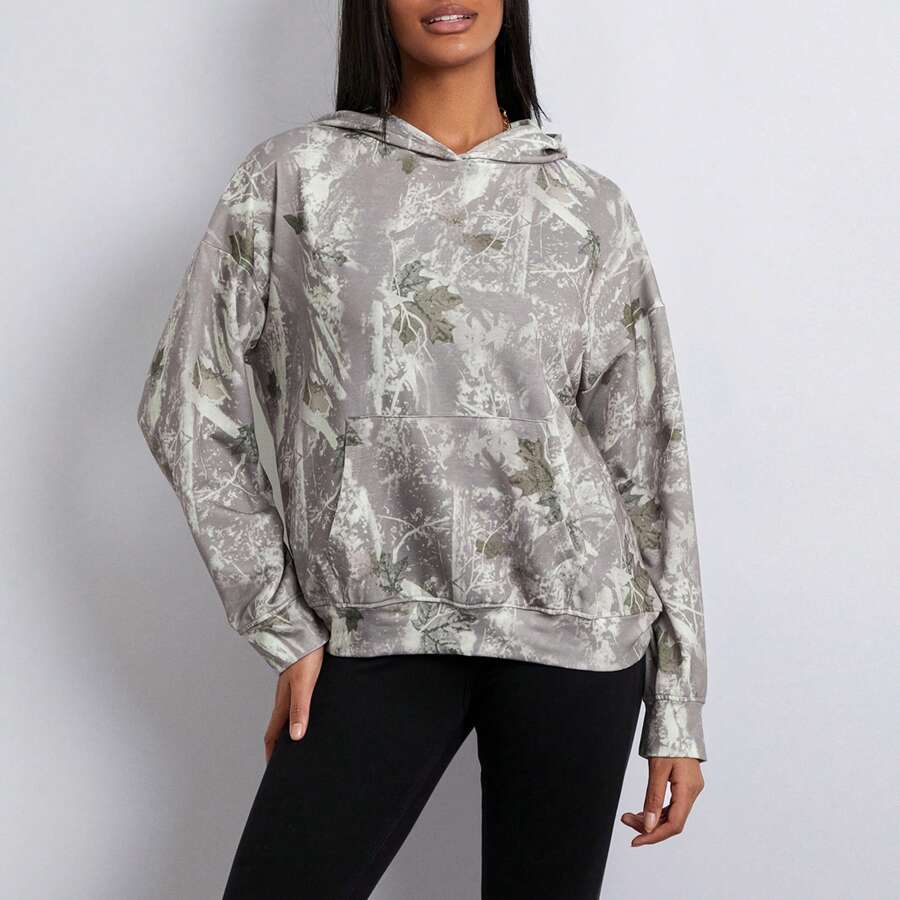 Women's Oversized Hoodies Fashion Long Sleeve Leaf Print Baggy Sweatshirts Streetwear - Khaki - View 1