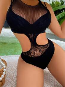 1PC Sexy Lingerie Fishnet Cut Out Waist Sexy Bodysuit - Black - View 5