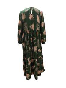 Women's Brush Print Round Neck Lantern Sleeve Ruffle Hem Arabic Style Dress, Modest - Green - View 6