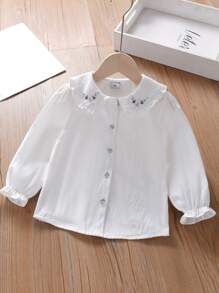 Áo dài tay thêu hoa giản dị cho bé gái, mùa thu - trắng - Xem 1