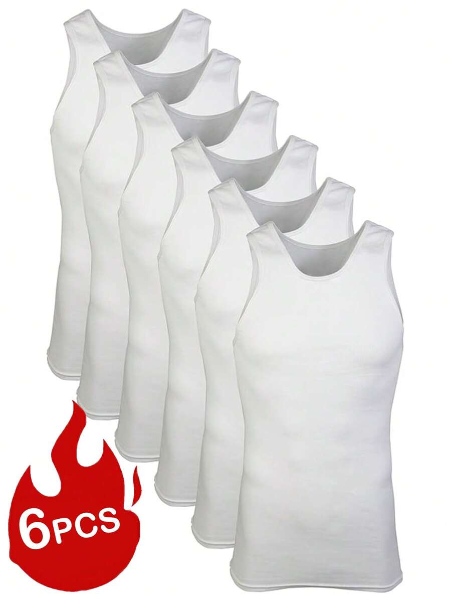 6pcs/Pack Men's Summer Casual Solid Color Sleeveless Minimalist Tank Tops - White - View 1