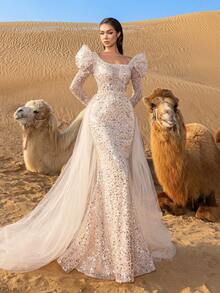 Faeriesty Haute Glamour Elegant Square Neck Balloon Sleeve Mermaid Evening Gown With Sequin Bodice & Tulle Train For Formal Galas, Wedding Celebrations, Award Ceremonies, Charity Balls, Corporate Annual Dinners - Champagne - View 6