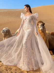 Faeriesty Haute Glamour Elegant Square Neck Balloon Sleeve Mermaid Evening Gown With Sequin Bodice & Tulle Train For Formal Galas, Wedding Celebrations, Award Ceremonies, Charity Balls, Corporate Annual Dinners - Champagne - View 5