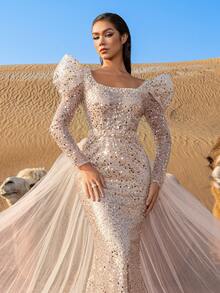 Faeriesty Haute Glamour Elegant Square Neck Balloon Sleeve Mermaid Evening Gown With Sequin Bodice & Tulle Train For Formal Galas, Wedding Celebrations, Award Ceremonies, Charity Balls, Corporate Annual Dinners - Champagne - View 7