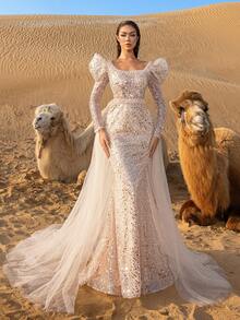 Faeriesty Haute Glamour Elegant Square Neck Balloon Sleeve Mermaid Evening Gown With Sequin Bodice & Tulle Train For Formal Galas, Wedding Celebrations, Award Ceremonies, Charity Balls, Corporate Annual Dinners - Champagne - View 4