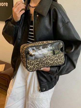 2024新款时尚豹纹女士化妆包，休闲防水腕带手提包，可容纳护肤品、化妆品，适合旅行、度假、圣诞派对、所有季节、假日海滩、浴室收藏、卧室收藏，大容量