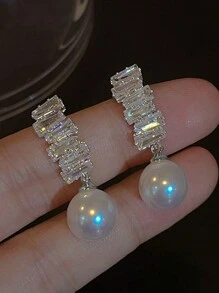 1 Pair Elegant Vintage Geometric Copper Earrings With Zirconia Stone Inlaid & Faux Pearl Drops, Sophisticated Fashion Style, Women's Jewelry For Daily Wear, Parties, Holidays - Silver - View 5