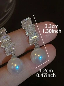 1 Pair Elegant Vintage Geometric Copper Earrings With Zirconia Stone Inlaid & Faux Pearl Drops, Sophisticated Fashion Style, Women's Jewelry For Daily Wear, Parties, Holidays - Silver - View 6
