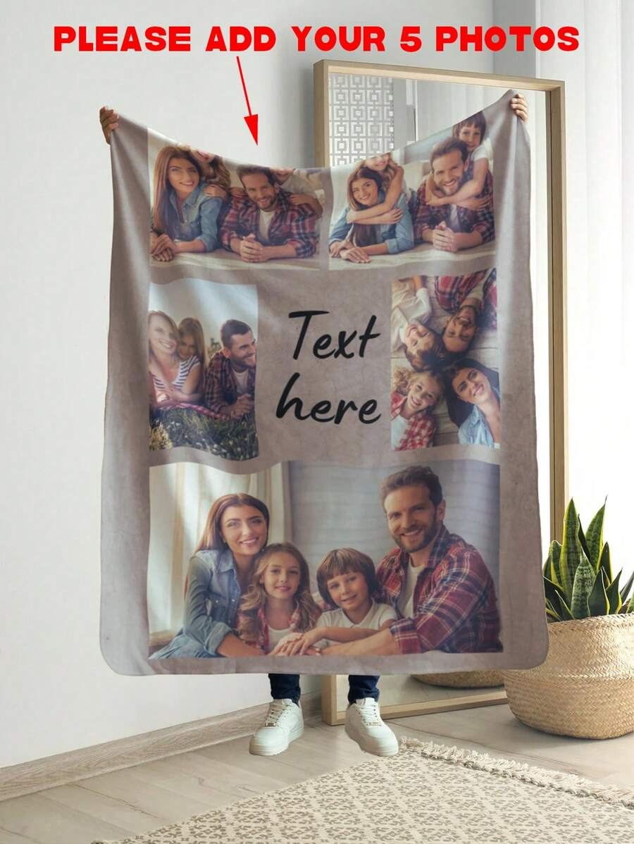 5pcs Custom Family Photo Blanket, Personalized Memory Blanket With Photos As Gift, Birthday Present - Grey - View 1
