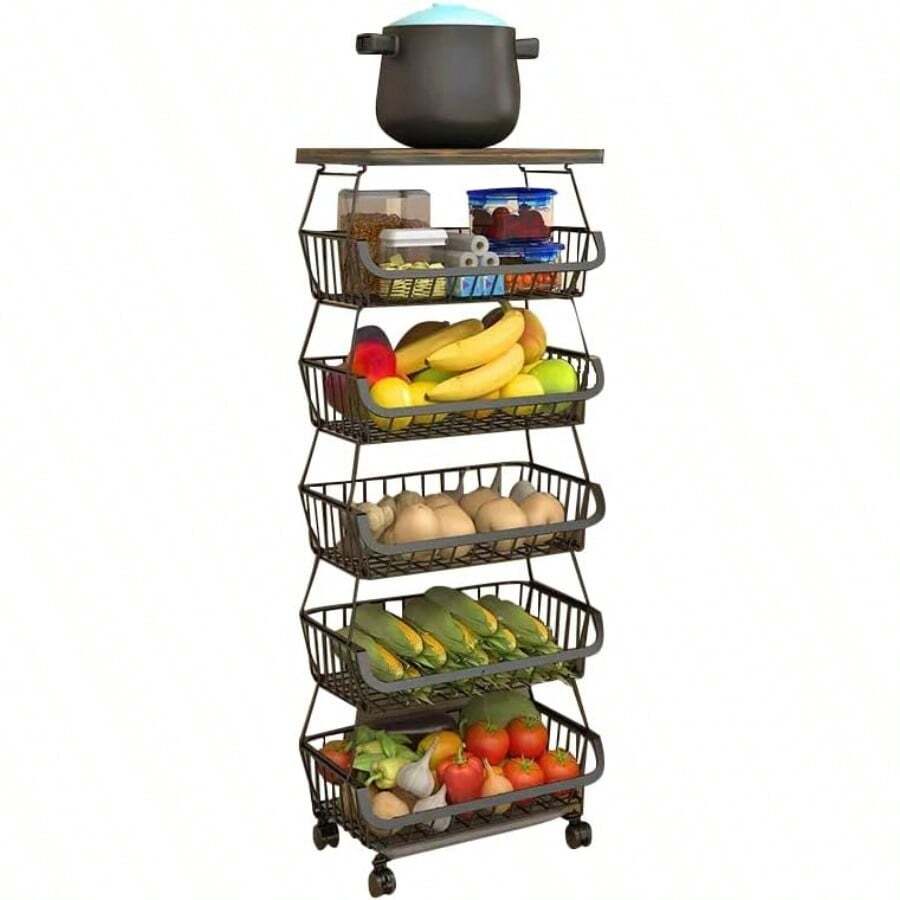 Metal Wire Baskets With Wheels, Kitchen Organiser, 6 Tier Stackable Storage Containers, Fruit And Vegetable Trolley, Dish Rack For Bathroom, Garage And Pantry - 6 Tiers - View 1