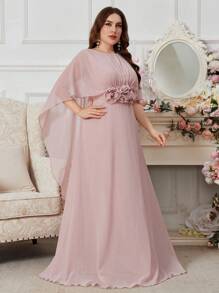 SUPGIR 加大码粉色立领喇叭形鸡尾酒连衣裙，荷叶边袖口装饰，优雅晚礼服，派对礼服，婚礼宾客礼服，正式礼服，春季长裙 - 粉色 - 查看 5