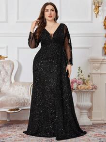 UNITHORSE Plus Size duboka V-izrezna mrežasta i šljokica patchwork haljina s proširenim rubom svečana večernja haljina, haljina za zabave, vjenčana haljina za goste, jesenska ženska odjeća - Crna - Prikaz 4