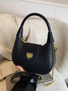 1 件时尚编织手提包适合女性，仿皮单肩包，带拉链开合的休闲斜挎包，涤纶衬里，彩绘边缘，可拆卸链带，用途广泛