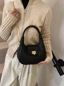 1 件时尚编织手提包适合女性，仿皮单肩包，带拉链开合的休闲斜挎包，涤纶衬里，彩绘边缘，可拆卸链带，用途广泛