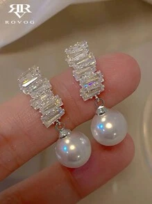 1 Pair Elegant Vintage Geometric Copper Earrings With Zirconia Stone Inlaid & Faux Pearl Drops, Sophisticated Fashion Style, Women's Jewelry For Daily Wear, Parties, Holidays - Silver - View 2