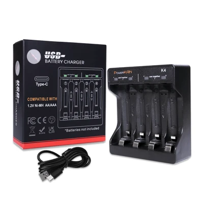 powerKAN K4 1.2VNi-MH AA/AAA Battery Mini Charger, LED Can Charge 2/4 AA/AAA 1.2V NiMH Rechargeable Batteries Respectively, TYPEC Interface USB Charging (Battery Not Included)
