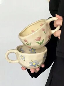 1 件 300 毫升陶瓷杯，韩国花卉图案陶瓷饮料杯，时尚花卉设计咖啡杯，适合饮料、下午茶、办公室、水、咖啡、果汁、日常野餐、客厅、餐厅、厨房、家庭和办公室使用，适合送礼，适合作为送给孩子的礼物，派对回学校的礼物 - 彩色 - 查看 12