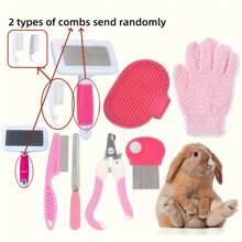 Set de 8 piezas de kit de aseo para conejos rosados que incluye cortauñas, peine antipulgas, cepillo de baño de champú y guantes de masaje - de material PP duradero para mascotas pequeñas - Multicolor - Ver 6