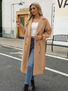 Women's Long Coat Notched Lapel Collar Double Breasted Pea Coat Winter Elegant Wool Blend Over Coats Jackets Christmas Gift & New Year Gift