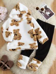 2pcs/Set Girls Cute Sweet Preppy Minimalist Bear Print Decor Fleece Hooded Long Sleeve Top And Pants Set, Casual Sportswear For Spring Autumn Winter - White - View 2