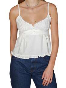 Women's Aesthetic Spaghetti Strap Ruffle Camisole Sleeveless Button Down V-Neck Sling Tank Top