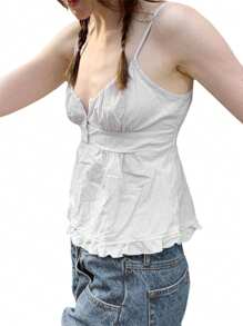 Women's Aesthetic Spaghetti Strap Ruffle Camisole Sleeveless Button Down V-Neck Sling Tank Top