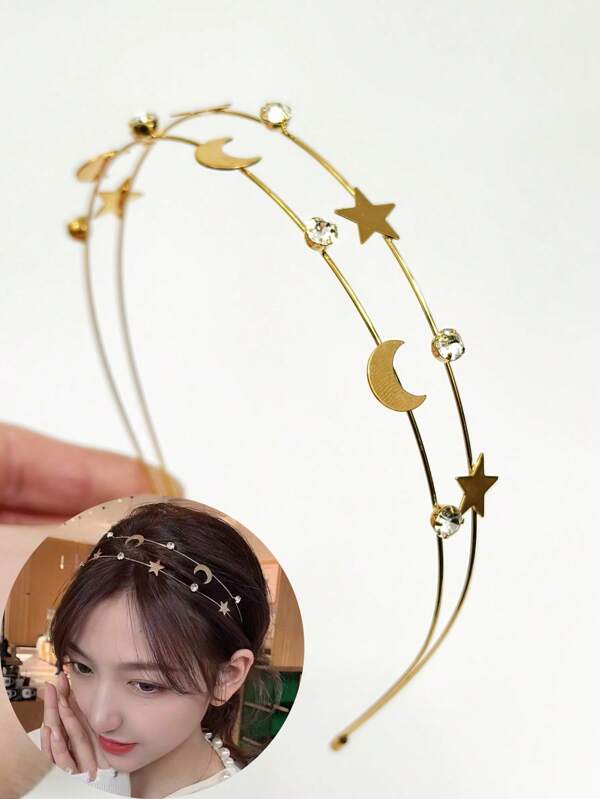 1 peça de faixa de cabelo feminina elegante e luxuosa com cristal estrela e lua, metal, camada dupla, decoração de faixa de cabeça, faixa de cabelo, acessórios para cabelo