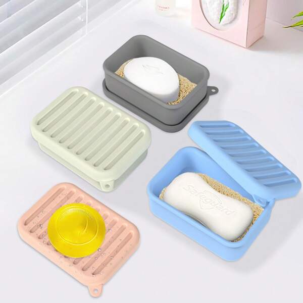 1pc,New Silicone Soap Box With Lid For Household Use, Drain Soap Holder, Dustproof And Waterproof Bathroom Soap Box, Multi Functional Laundry Soap Box, Soap Cleaning Storage Box, Bathroom Supplies, Bathroom Accessories Back To School
