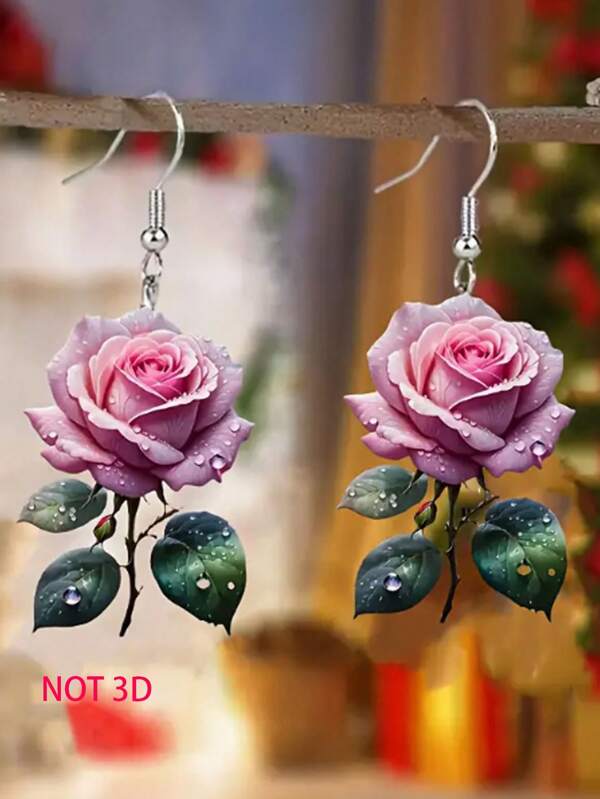 1 par de aretes de rosa de acrílico, joyas para mujer con diseño floral festivo, regalo perfecto para Año Nuevo