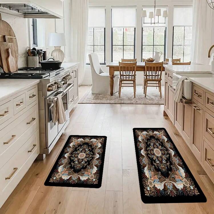 1/2pcs Bohemian Kitchen Carpet Set, Art Flower Design Floor Mat, Soft Polyester Kitchen Rug, Machine Washable Carpet, Suitable For Kitchen, Living Room, Bedroom, Home Decor - Multicolor - View 2
