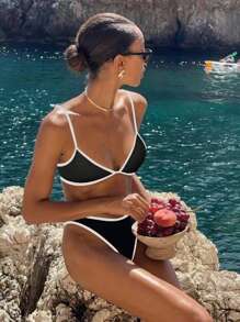 女士纯色黑白拼接性感休闲度假比基尼泳装套装，适合夏季海滩