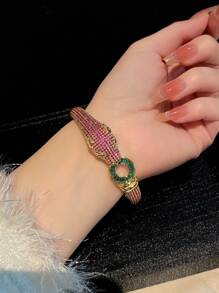 1pc Luxury Multicolor Cubic Zirconia Leopard Pattern Elegant Copper Bangle Bracelet, Gift For Mom, Formal Event Accessory