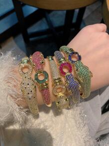 1pc Luxury Multicolor Cubic Zirconia Leopard Pattern Elegant Copper Bangle Bracelet, Gift For Mom, Formal Event Accessory