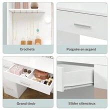 Schminktisch mit Beleuchtung, Einstellbarer Helligkeit, Schminktisch mit Spiegel und Steckdose, Schminktische mit 7 Schubladen, 6 Regale & 5 Haken, Moderner Kommode, Schlafzimmer, weiß