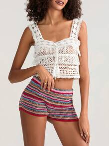 Women's Striped Shorts Casual Tight Fitted Mid Rise Knitted Short Pants For Summer Streetwear - Đỏ - Xem 3