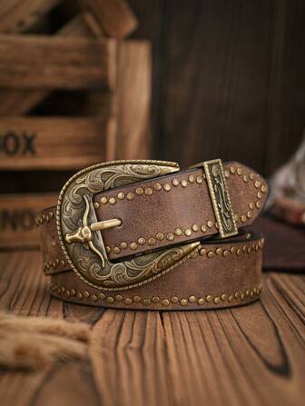 1条男士波西米亚西部风牛头压纹扣复古驼色PU腰带，适合夏季、校园休闲、商务场合，可作为男友、丈夫、父亲等男士礼物，日常穿着，时尚百搭，适合青少年、户外、度假、运动、旅行、街头、波西米亚风、复古秋季、万圣节等秋冬季配饰，适合青少年、青年、男士，休闲、户外、运动、度假、毕业礼物、生日礼物、日常穿着