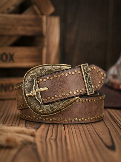 1条男士西部牛仔风格牛头压纹扣复古卡其色PU腰带，适合夏季、秋季、万圣节、秋冬季节等场合，适合青少年、青年、男士，休闲、户外、运动、度假、毕业礼物、生日礼物、日常穿着。