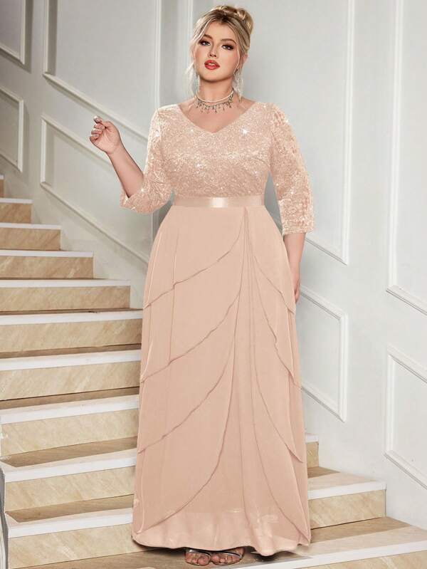 Vestido largo de gasa con cuello en V, dobladillo con volantes y encaje floral con lentejuelas para fiestas y eventos elegantes, como graduaciones, bodas, fiestas de cumpleaños y regreso a casa