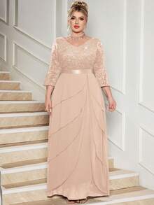 Đầm maxi cỡ lớn cổ chữ V đính sequin, ren hoa, viền bèo nhún bằng chiffon, thanh lịch cho tiệc trang trọng, đám cưới, sinh nhật, lễ tốt nghiệp, tựu trường mùa xuân. - Rượu sâm banh - Xem 9