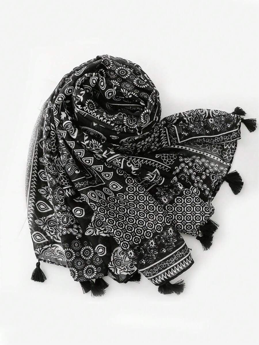 1pc Women Simple Printed Scarf, New Autumn/Winter Warm Neck Wrap, Fashion Long Shawl, Sun Protection Beach Wrap, Outdoor Shawl, Elegant Casual Soft Versatile Scarf For All Seasons - Black - View 1