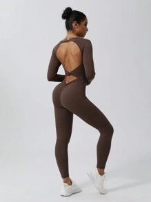 MASKERT Mono de mujer, mono deportivo, traje de yoga, traje de fitness, traje deportivo, alta elasticidad, cómodo, amigable con la piel, mono de shapewear para ocio en casa - Marrón Chocolate - Ver 1