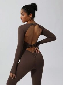 MASKERT Mono de mujer, mono deportivo, traje de yoga, traje de fitness, traje deportivo, alta elasticidad, cómodo, amigable con la piel, mono de shapewear para ocio en casa - Marrón Chocolate - Ver 7