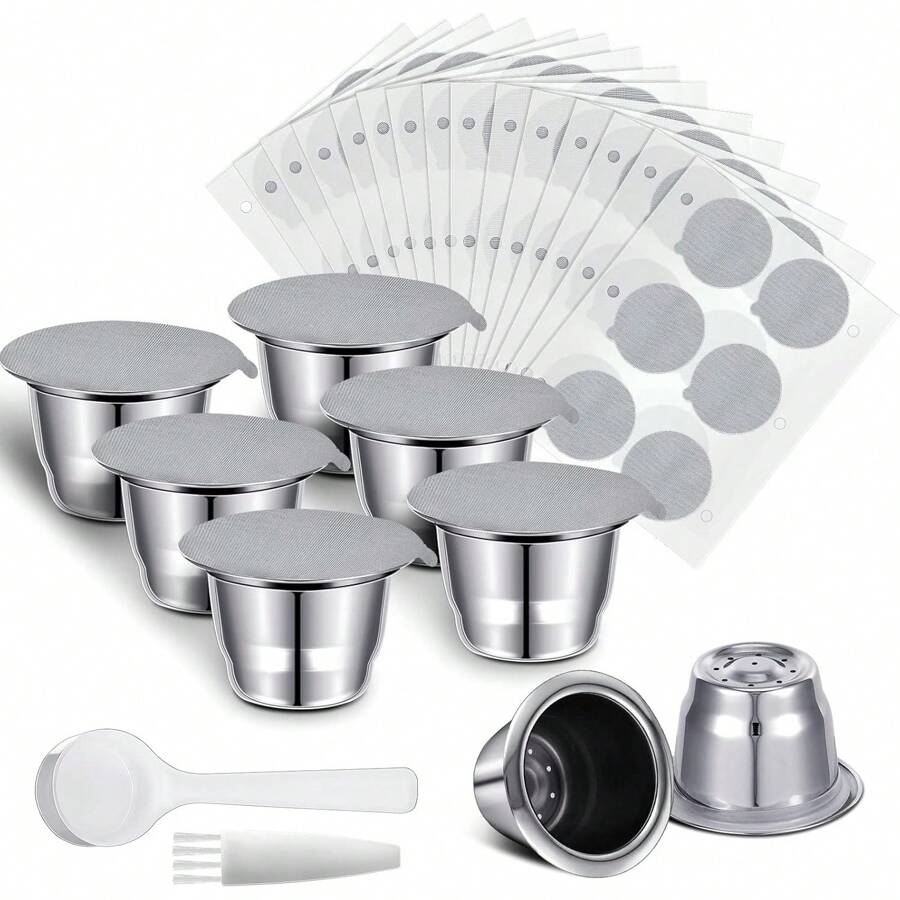 Paquete de 6 cápsulas de café espresso recargables de acero inoxidable compatibles con máquinas de café, con tapa sellada de aluminio (Apto para 204 recargas) - Plateado - Ver 1