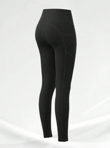 女式高腰弹力提拉紧身瑜伽紧身裤，带侧袋，瑜伽健身运动压缩裤 - 黑色 - 查看 5