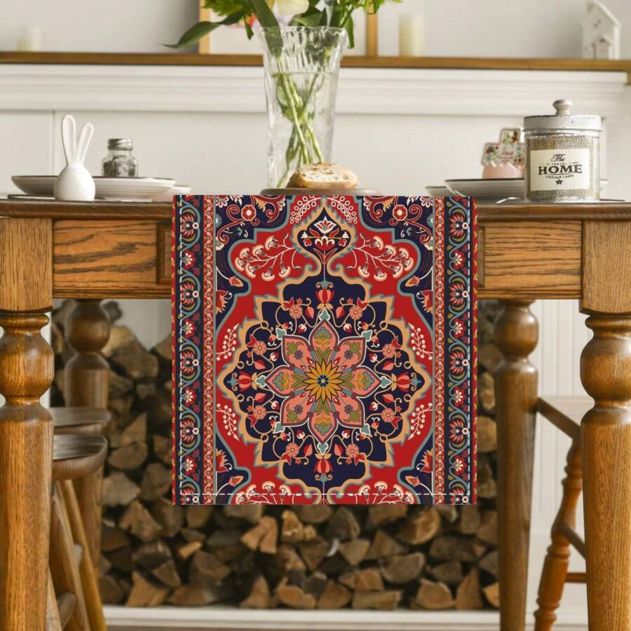 1pc Bohemian Style Table Runner, Geometric Black & Red Dining Table Decor Cloth, Suitable For Home Holiday Parties, Weddings - Red - View 1