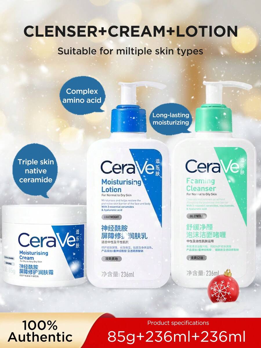 CeraVe Set de crema hidratante y reparadora, suero de vitamina C y limpiador - Limpiador 236ml + loción 236ml + crema facial 85g - Ver 1