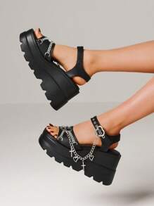 Giày Sandal Đế Xuồng Cao Gót Kim Loại Khóa Cài Mũi Vuông Giày Sandal Đế Xuồng Trái Tim Punk Goth Ngày Lễ Tình Nhân - màu đen - Xem 3