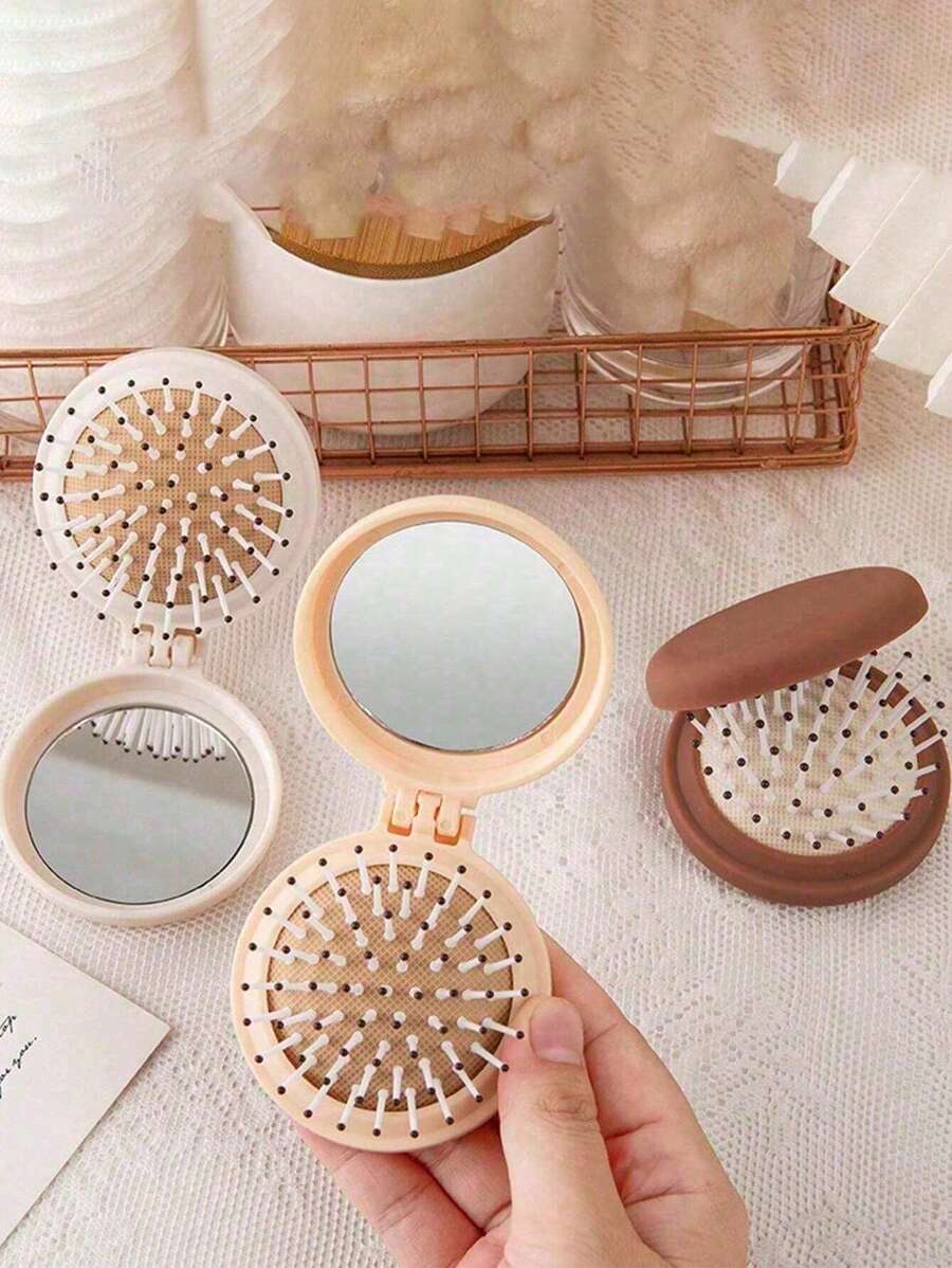 1 chiếc lược mạ bạc có thể gập lại kèm gương, lược chải tóc nhỏ gọn và di động, lược chải tóc nhỏ gọn có túi khí và gương trang điểm cầm tay, lược chải tóc đệm khí lý tưởng để sử dụng hàng ngày và khi đi du lịch, phụ kiện du lịch thiết yếu cho phụ nữ và trẻ em gái - Bạc - Xem 1