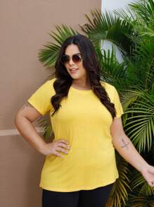 Plus Size T-Shirt Women's Basic Blouse Basic Look Ideal Uniform Customize Round Neck Curve T-Shirt - 黃色 - 查看 2