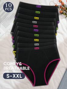 MEIYATING 10 piezas/paquete Pantaletas sin costuras para mujeres, moda de color contrastante, ajuste cómodo, negro